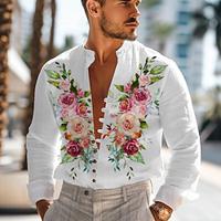 Floral Vintage Resort Men's Shirt Daily Wear Going out Weekend Spring Summer Standing Collar Long Sleeve Violet, Pink S, M, L Slub Fabric Shirt Lightinthebox