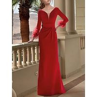 A-Line Evening Gown Elegant Dress Formal Floor Length Christmas Red Green Dress Long Sleeve V Neck Stretch Chiffon with Feather Pleats Ruched 2023 Lightinthebox - thumbnail