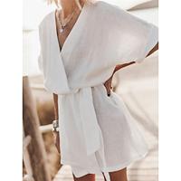 Women's Casual Dress Cotton Linen Dress White Cotton Dress Mini Dress Pocket Basic Daily V Neck Half Sleeve Summer Spring Black White Plain Lightinthebox