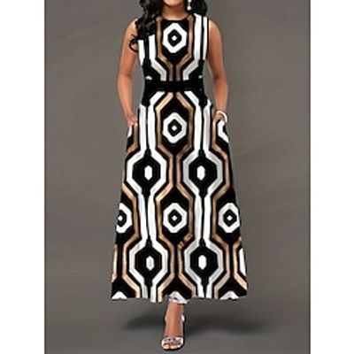 Women's Prom Dress Party Dress Vintage Dress Long Dress Maxi Dress Brown Sleeveless Geometric Print Spring Fall Winter Crew Neck Vintage Wedding Guest Birthday Vacation 2023 S M L XL XXL Lightinthebox