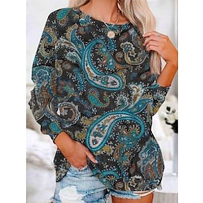 Women's T shirt Tee Blue Graphic Print Long Sleeve Casual Ethnic Round Neck Regular S Lightinthebox