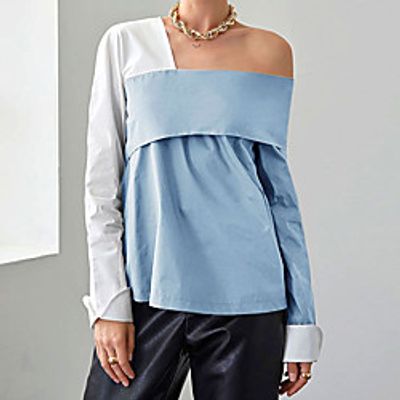 Women's Blouse Shirt Color Block Patchwork One Shoulder Casual Streetwear Tops Blue Lightinthebox