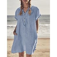 Women's Shirt Dress Casual Dress Cotton Linen Dress Mini Dress Linen Cotton Blend Basic Modern Daily Weekend Shirt Collar Button Pocket Short Sleeve Summer Spring Loose Fit Blue Apricot Gray Plain S Lightinthebox