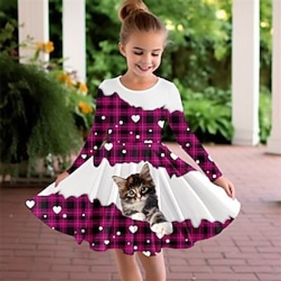 St. Patrick Girls' 3D Plaid Cat Dress Long Sleeve 3D Print Spring Fall Sports  Outdoor Daily Holiday Cute Casual Beautiful Kids 3-12 Years Casual Dress A Line Dress Above Knee Polyester Regular Fit Lightinthebox