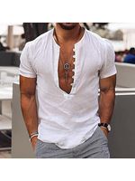 Men's Linen Simple Design V-Neck Short Sleeve Shirt