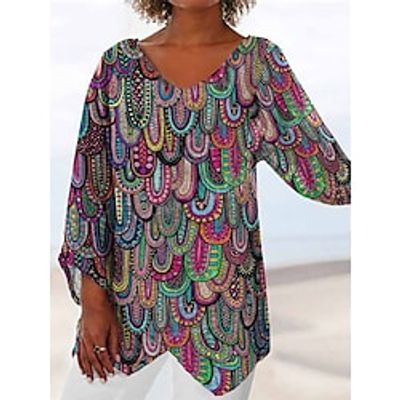 Women's Plus Size Tops Blouse Floral Striped Print Long Sleeve V Neck Basic Vintage Daily Going out Cotton Fall Spring Green Blue Lightinthebox
