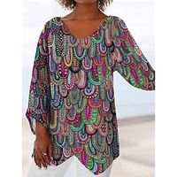 Women's Plus Size Tops Blouse Floral Striped Print Long Sleeve V Neck Basic Vintage Daily Going out Cotton Fall Spring Green Blue Lightinthebox - thumbnail