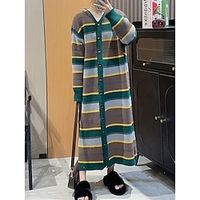 Women's Sweater Dress Jumper Dress Winter Dress Midi Dress Knitwear Warm Fashion Stripe Outdoor Daily Vacation Going out V Neck Long Sleeve Button Up 2023 Loose Fit Green One Size Lightinthebox - thumbnail
