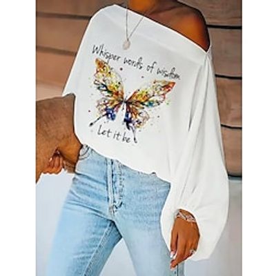 Women's Shirt Butterfly Letter Daily Weekend Butterfly Shirt Long Sleeve Print Off Shoulder Casual Streetwear White S / 3D Print miniinthebox