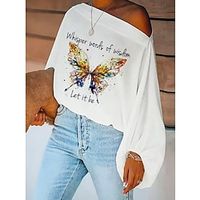 Women's Shirt Butterfly Letter Daily Weekend Butterfly Shirt Long Sleeve Print Off Shoulder Casual Streetwear White S / 3D Print miniinthebox - thumbnail