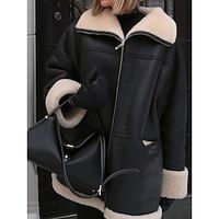 Women's Faux Leather Jacket Fleece Sherpa Jacket Shearling Coat Thermal Warm Winter Coat Windproof Zipper Heated Coat with Pocket Fashion Modern Casual Black Lightinthebox - thumbnail
