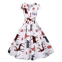 Women's A Line Dress Knee Length Dress Blue Gray White Black Navy Blue Dark Blue Short Sleeve Print Animal Print Fall Winter V Neck Casual Vintage Christmas 2021 S M L XL XXL 3XL miniinthebox - thumbnail