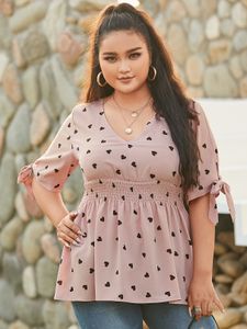 YOINS Plus Size V-neck Polka Dot Shirring Half Sleeves Blouse