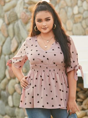 YOINS Plus Size V-neck Polka Dot Shirring Half Sleeves Blouse