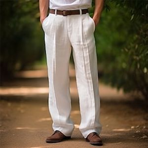 Men's Linen Pants Trousers Summer Pants Button Front Pocket Straight Leg Plain Comfort Breathable Casual Daily Holiday Linen Cotton Blend Fashion Basic White Lightinthebox