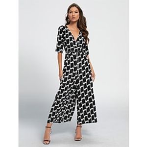 Women's Jumpsuit Print High Waist Tie Dye V Neck Streetwear Street Daily Wide Leg Regular Fit Half Sleeve Black S M L Spring Lightinthebox