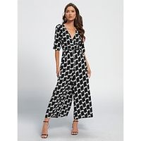 Women's Jumpsuit Print High Waist Tie Dye V Neck Streetwear Street Daily Wide Leg Regular Fit Half Sleeve Black S M L Spring Lightinthebox - thumbnail