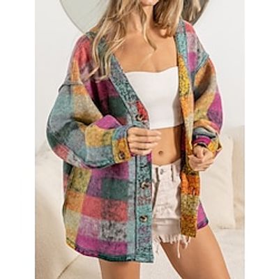 Women's Shirt Jacket Casual Outdoor Print Plaid Warm Fashion Regular Fit Outerwear Long Sleeve Fall Purple Lightinthebox