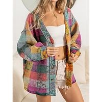 Women's Shirt Jacket Casual Outdoor Print Plaid Warm Fashion Regular Fit Outerwear Long Sleeve Fall Purple Lightinthebox - thumbnail