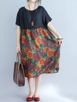 Vintage Patchwork Floral Printed Short Sleeve Loose Women Dresses