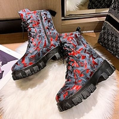 Women's Boots Platform Boots Combat Boots Plus Size Party Outdoor Daily Booties Ankle Boots Platform Chunky Heel Round Toe Punk Fashion Gothic PU Lace-up Color Block Red Beige Gray Lightinthebox