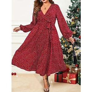 Women's Plus Size Red Chirstmas Dress Curve Red Christmas Dress Party Dress Winter Dress Polka Dot Midi Dress Long Sleeve Print Lace up V Neck Elegant Party Red Fall Winter XL 2XL 3XL 4XL Lightinthebox