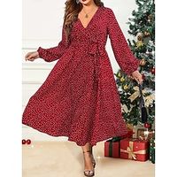 Women's Plus Size Red Chirstmas Dress Curve Red Christmas Dress Party Dress Winter Dress Polka Dot Midi Dress Long Sleeve Print Lace up V Neck Elegant Party Red Fall Winter XL 2XL 3XL 4XL Lightinthebox - thumbnail