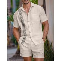 Men's Shirt Guayabera Shirt 2 Piece Shirt Set Summer Shirt Beach Shirt Black Brown Green Short Sleeve Floral Fold-over Collar Summer Street Daily Clothing Apparel Embroidered Lightinthebox