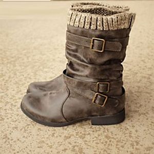 Women's Boots Flat Heel Round Toe Mid Calf Boots Casual Daily Walking Shoes PU Buckle Solid Colored Winter Black Brown Gray / Mid-Calf Boots miniinthebox
