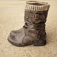Women's Boots Flat Heel Round Toe Mid Calf Boots Casual Daily Walking Shoes PU Buckle Solid Colored Winter Black Brown Gray / Mid-Calf Boots miniinthebox - thumbnail