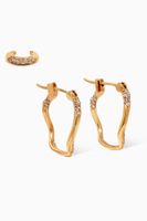 Irregular Wavy Pavé Hoops in 18kt Gold Plating, Set of 3 Irregular Wavy Pavé Hoops in 18kt Gold Plating, Set of 3