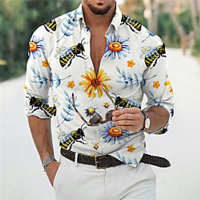 Men's Shirt 3D Print Floral Bee Turndown Daily Holiday 3D Print Button-Down Long Sleeve Tops Casual Fashion Breathable White miniinthebox