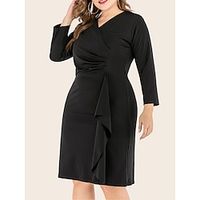 Women's Plus Size Curve Black Dress Casual Dress Bodycon Solid Color Midi Dress Long Sleeve Ruffle Basic V Neck Fashion Outdoor Black Fall Winter XL 2XL 3XL 4XL 5XL Lightinthebox - thumbnail