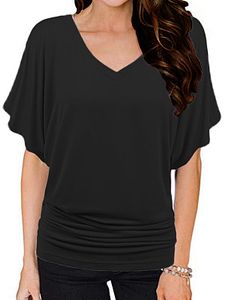 V Neck Plain Batwing Sleeve T-shirt