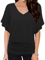 V Neck Plain Batwing Sleeve T-shirt - thumbnail