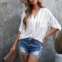 Shirt Blouse Women's Black White Blue Stripes Button Street Daily Fashion Henley Collar S Lightinthebox