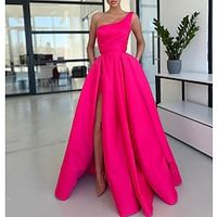 A-Line Prom Dresses Party Dress Formal Sweep / Brush Train Sleeveless One Shoulder Barbiecore Satin with Ruched Slit 2023 miniinthebox - thumbnail