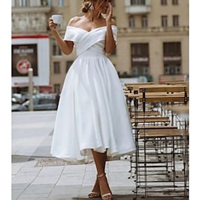 Little White Dresses Formal Wedding Dresses A-Line Off Shoulder Short Sleeve Tea Length Satin Bridal Gowns With Solid Color 2024 Lightinthebox