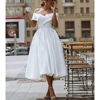 Little White Dresses Formal Wedding Dresses A-Line Off Shoulder Short Sleeve Tea Length Satin Bridal Gowns With Solid Color 2024 Lightinthebox - thumbnail