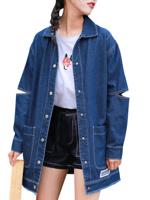 Casual Women Long Sleeve Lapel Hole Ripped Denim Jacket