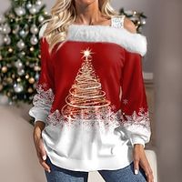 Christmas Shirt Women's Blouse Christmas Tree Snowflake Red Sequins Print Long Sleeve Christmas Casual Festival  Holiday Off Shoulder Fur Collar Regular Fit Fall  Winter Lightinthebox - thumbnail