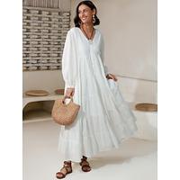 Women's Linen Cotton Blend White Dress Button V Neck Solid Color Boho Maxi Dress