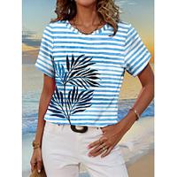 Women's T shirt Tee Striped Plants Weekend Print Blue Short Sleeve Hawaiian Crew Neck Summer Lightinthebox