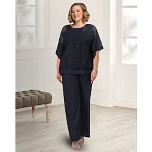 Pantsuit 3 Piece Suit Mother of the Bride Dress Plus Size Elegant Jewel Neck Floor Length Chiffon Lace Short Sleeve with Pleats Appliques 2022 Lightinthebox
