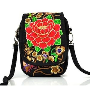 Women's Girls' Mobile Phone Bag Crossbody Bag Canvas PU Leather Embroidery Daily Holiday Date Blue peony Red peony Purple peony money flower Lightinthebox