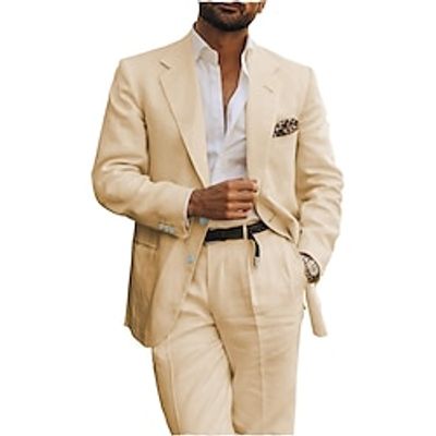 White Champagne Pink Men's Beach Wedding Linen Suits Solid Colored 2 Piece Fashion Daily Business Tailored Fit Single Breasted Two-buttons 2024 Lightinthebox