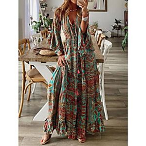 Women's Swing Dress Maxi long Dress Green 3/4 Length Sleeve Floral Print Summer V Neck Casual Boho Holiday Beach Flare Cuff Sleeve 2021 S M L XL XXL 3XL miniinthebox