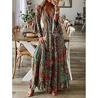 Women's Swing Dress Maxi long Dress Green 3/4 Length Sleeve Floral Print Summer V Neck Casual Boho Holiday Beach Flare Cuff Sleeve 2021 S M L XL XXL 3XL miniinthebox - thumbnail