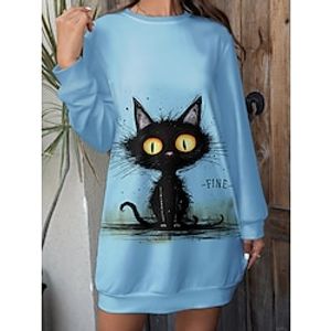 Women's Sweatshirt Dress Casual Dress Mini Dress Active Fashion Outdoor Going out Weekend Crew Neck Print Animal Cat Letter Regular Fit Yellow Blue Purple S M L XL XXL Lightinthebox