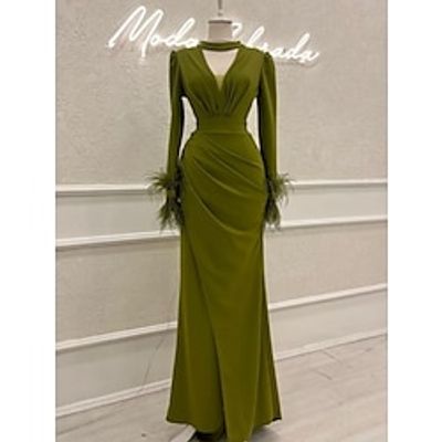 Sheath  Column Evening Gown Elegant Dress Formal Christmas Red Green Dress Ankle Length Long Sleeve V Neck Stretch Chiffon with Feather Ruched Slit 2023 Lightinthebox